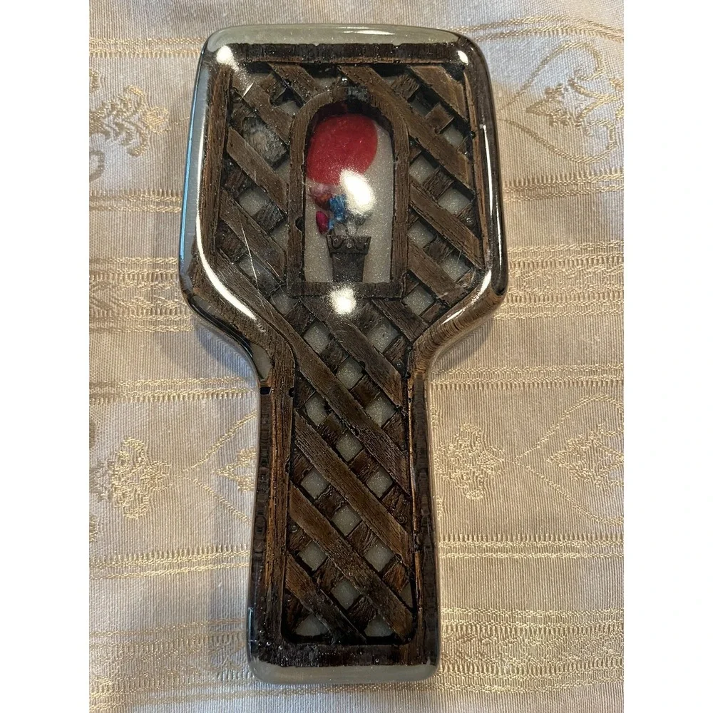 VTG MCM Lucite Trivet & Spoon Rest Matching Set Flowers Wood Lattice & Red Sun